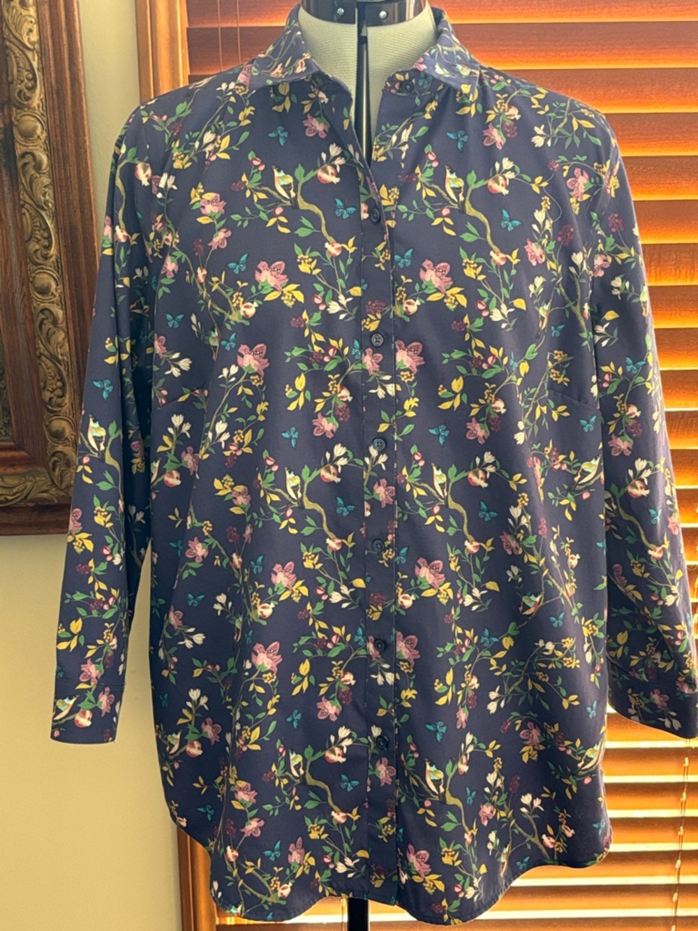 Coldwater Creek 18W Purple Floral No-Iron Blouse 3/4 Sleeve Button Front EUC 18W